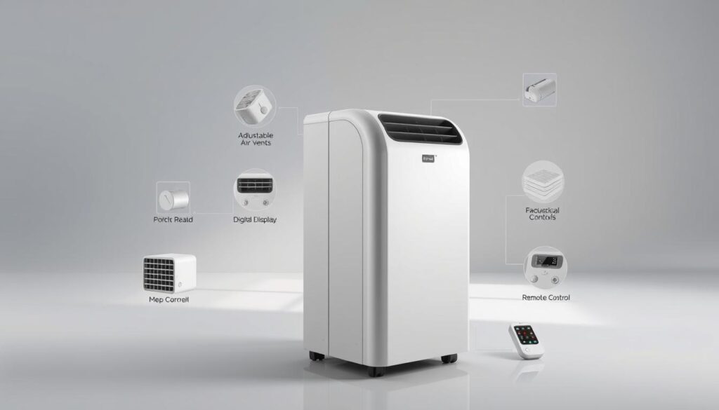 A sleek, modern portable cooling unit showcased in a well-lit, studio-style setting. The unit is positioned prominently in the foreground, with a clean, minimalist design featuring smooth lines, a matte finish, and intuitive touch controls. The middle ground includes various accessories and features, such as adjustable air vents, a digital display, and a remote control, all captured from multiple angles to highlight their functionality. The background maintains a neutral, gradient-based color scheme, allowing the cooling unit to be the focal point. The overall mood is professional, informative, and designed to showcase the key features of the product in an engaging and visually appealing manner.
