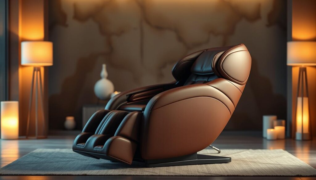 A sleek, modern premium massage chair in a dimly lit, cozy room. The chair has a plush, leather upholstery in a rich, deep brown color. Soft, warm lighting from floor lamps casts a comforting glow, creating a serene and relaxing atmosphere. The chair is positioned in the foreground, with a minimalist, zen-inspired decor in the middle ground, and a blurred, abstract background that suggests a high-end, spa-like setting. The chair is angled slightly to showcase its ergonomic design and advanced massage features, with a focus on attention to detail and premium craftsmanship.