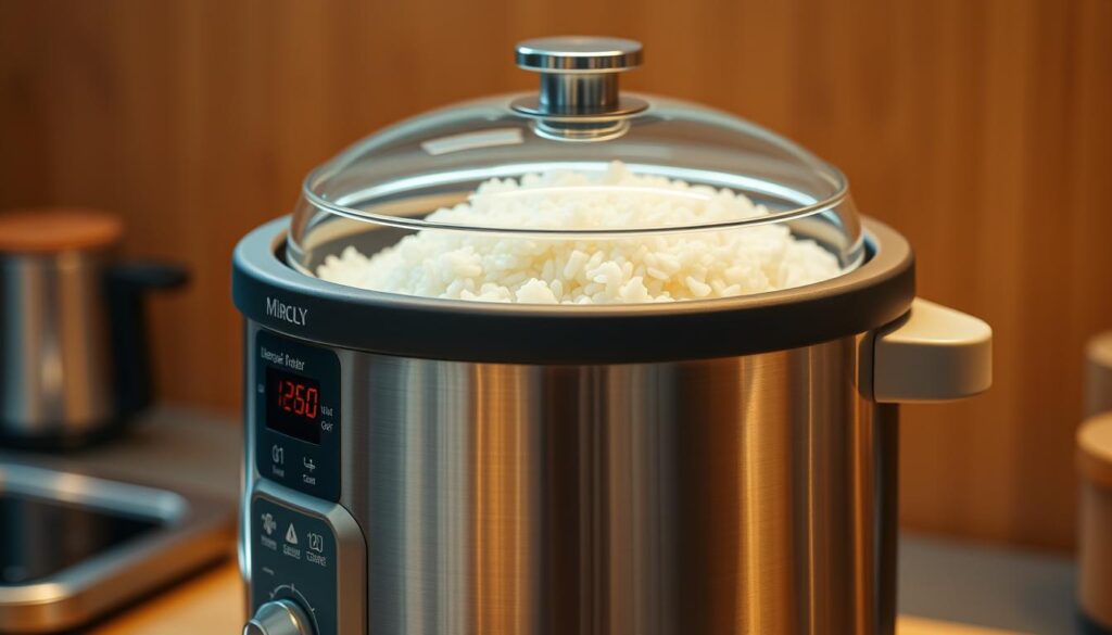 A sleek, modern rice cooker with a unique transparent lid that allows users to monitor the cooking process. The appliance is bathed in warm, indirect lighting, highlighting its clean, minimalist design. The cooker's body is crafted from high-quality stainless steel, giving it a premium, durable appearance. Various cooking functions are indicated by discrete buttons and digital displays, providing precise control over temperature, timer, and specialized cooking modes. The scene is captured from a slightly elevated angle, emphasizing the rice cooker's streamlined silhouette and attention to detail. An atmosphere of culinary innovation and practicality pervades the image, inviting the viewer to imagine the versatile capabilities of this unique kitchen appliance.