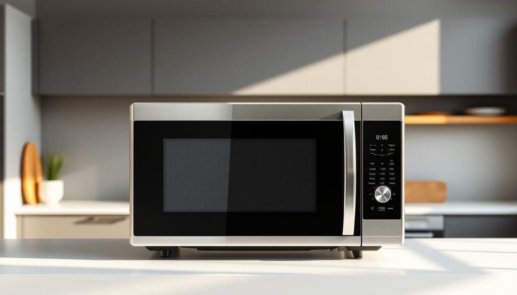 A sleek, premium microwave oven set against a minimalist, well-lit kitchen backdrop. In the foreground, the microwave's stainless steel exterior gleams, its digital display panel showcasing advanced temperature and time controls. Streamlined metal handles and a large, tempered glass window highlight its modern, high-tech design. The microwave is positioned on a pristine white countertop, casting gentle shadows that accentuate its clean, sophisticated lines. In the middle ground, the kitchen features a neutral color palette, with muted gray walls and natural wood accents, creating a harmonious, calming atmosphere. The background is softly blurred, drawing the viewer's focus to the premium microwave oven and its cutting-edge technology.