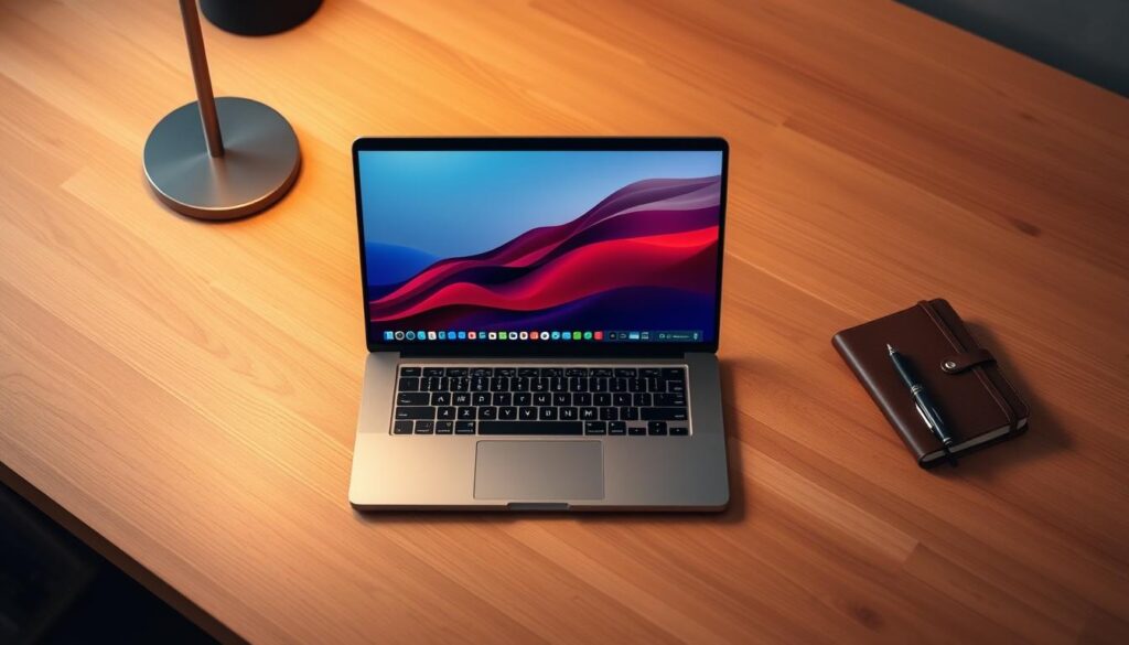 A sleek, ultraportable laptop rests on a minimalist, wood-grain desk. Soft, warm lighting illuminates the scene, casting gentle shadows. The laptop's slim, aluminum chassis gleams, its compact form factor perfect for on-the-go commuters. The high-resolution display showcases vibrant, detailed visuals, crisp text, and smooth animations. Nearby, a stylish, leather-bound notebook and a single, well-placed pen suggest the laptop's seamless integration with productivity workflows. The overall composition conveys a sense of elegant simplicity, making this the ideal portable companion for the modern, discerning commuter.