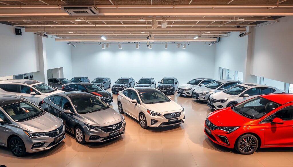 A sleek, well-lit showroom with a diverse fleet of Singapore car rental options. In the foreground, a range of vehicles from compact sedans to spacious SUVs, showcased under warm, inviting lighting. The middle ground features a mix of modern, eco-friendly hybrids and classic sedans, each model displayed with its key specifications. In the background, a clean, minimalist backdrop accentuates the cars, allowing their unique features to shine. The overall atmosphere conveys a sense of professionalism, reliability, and a wide variety of choices to suit the needs of discerning Singapore travelers.