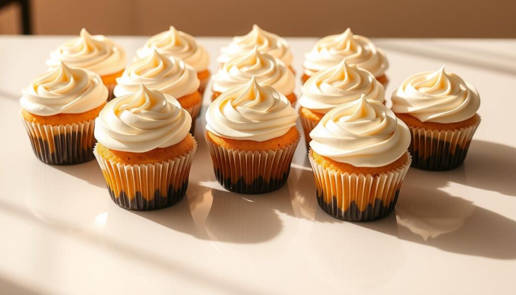 A sophisticated arrangement of corporate cupcakes, meticulously crafted to impress. Elegant white cupcakes with precise piped frosting, adorned with subtle silver or gold accents. The cupcakes are displayed on a modern, minimalist tray or stand, casting soft shadows on a reflective surface. Warm, directional lighting highlights the cupcakes' pristine details, creating a sense of luxurious refinement. The composition is symmetrical and balanced, conveying a professional, high-end aesthetic suitable for impressing clients or celebrating special corporate events.