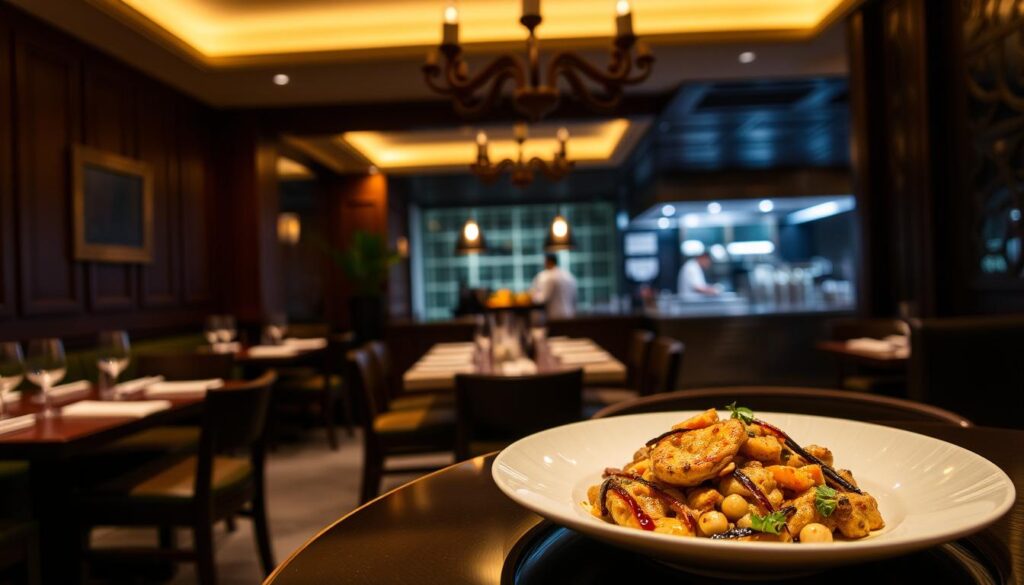 A sophisticated, dimly lit interior of Pangium restaurant in Singapore, showcasing its contemporary Peranakan cuisine. The foreground features a beautifully plated dish, with intricate flavors and textures. The middle ground highlights the elegant, wood-paneled dining area, with warm lighting casting a cozy ambiance. In the background, a glimpse of the open kitchen where Chef Malcolm Lee and his team skillfully prepare each dish. The overall scene conveys a sense of refined elegance, with a focus on the restaurant's commitment to delivering an exceptional dining experience.