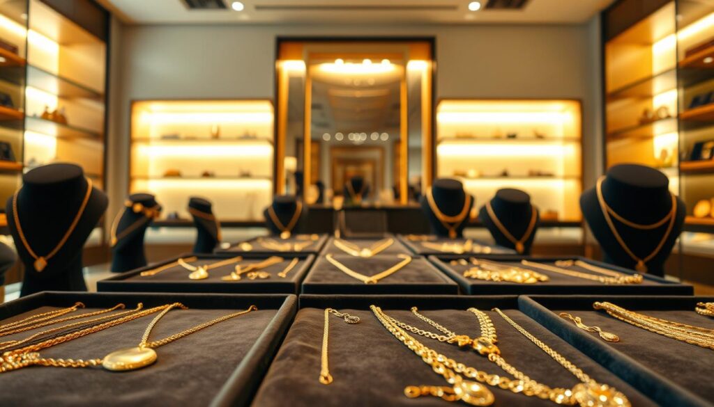 A sophisticated display of gold necklaces in an elegant jewelry store. In the foreground, a curated selection of necklaces in varying styles and designs, their shimmering surfaces catching the warm light. In the middle ground, the necklaces are arranged on plush velvet trays, inviting the viewer to explore and admire. The background features a sleek, modern interior with minimalist shelving and warm, golden-hued lighting, creating a luxurious and welcoming atmosphere. The necklaces are photographed at a slight angle, highlighting their intricate details and the quality of the craftsmanship. The lighting is soft and diffused, casting a gentle glow on the gold, and the camera angle is slightly elevated to provide a visually appealing and aspirational perspective.