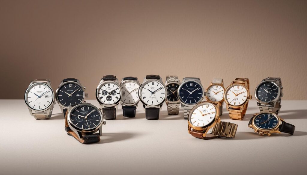 A sophisticated display of premium timepieces against a subtly textured backdrop, meticulously lit to accentuate their design details and luxurious materiality. In the foreground, a selection of the finest watches from renowned Swiss and Japanese brands, including sleek minimalist styles, intricate mechanical chronographs, and elegant gold-plated dress watches. The middle ground features a clean, uncluttered arrangement, allowing each piece to shine. The background is a soft, muted tone that complements the watches' refined aesthetics, creating an atmosphere of refined sophistication. The entire composition is captured with a sharp, high-resolution lens, emphasizing the watches' craftsmanship and attention to detail.