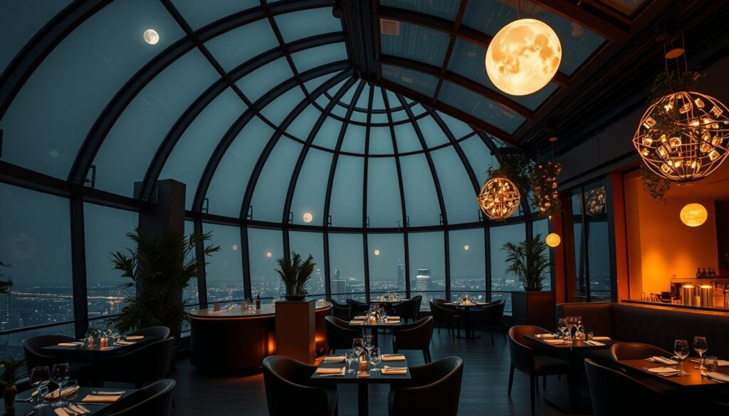 A sophisticated rooftop restaurant with a captivating moonlit ambiance. The interior is bathed in a warm, muted glow, casting a serene atmosphere over the elegant fusion cuisine. Sleek, modern furniture and fixtures create a minimalist, yet refined aesthetic. Large windows provide panoramic views of the city skyline below, while an expansive, domed glass ceiling filters in the soft, ethereal moonlight. Lush greenery and intricate lighting installations adorn the space, seamlessly blending the indoor and outdoor environments. The overall scene evokes a sense of tranquility and escapism, inviting diners to indulge in a truly remarkable dining experience under the stars.