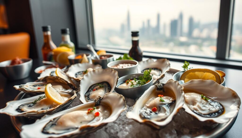 A sophisticated still life showcasing the diverse flavors of Singapore's captivating oysters. In the foreground, an elegant arrangement of shucked oysters, their glistening shells revealing the succulent meat within. Accents of lemon, herbs, and spices add layers of complexity. The middle ground features a selection of condiments and accompaniments, such as sauces and mignonette, complementing the briny notes. In the background, a subtle nod to the island's vibrant culture, with a glimpse of Singapore's iconic skyline visible through a window. Soft, diffused lighting casts a warm, inviting glow, capturing the essence of this unique and delectable culinary experience.