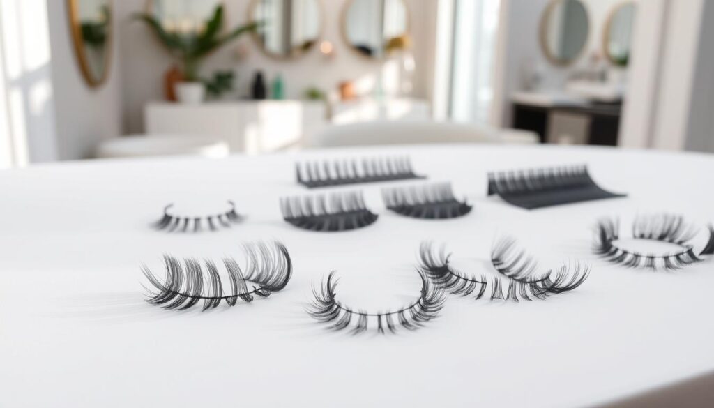 A sophisticated studio setup with soft, natural lighting illuminates an elegant arrangement of diverse eyelash extension types. In the foreground, an array of individual lash strands in various lengths, thicknesses, and curl patterns are displayed against a minimalist white backdrop. The middle ground showcases different lash types, including classic, volume, and hybrid, each demonstrating their unique characteristics. In the background, a hint of a chic, modern salon environment provides context, evoking a sense of professionalism and expertise. The overall composition conveys the breadth of options available to create customized lash looks, catering to the discerning needs of the discerning Singaporean clientele.