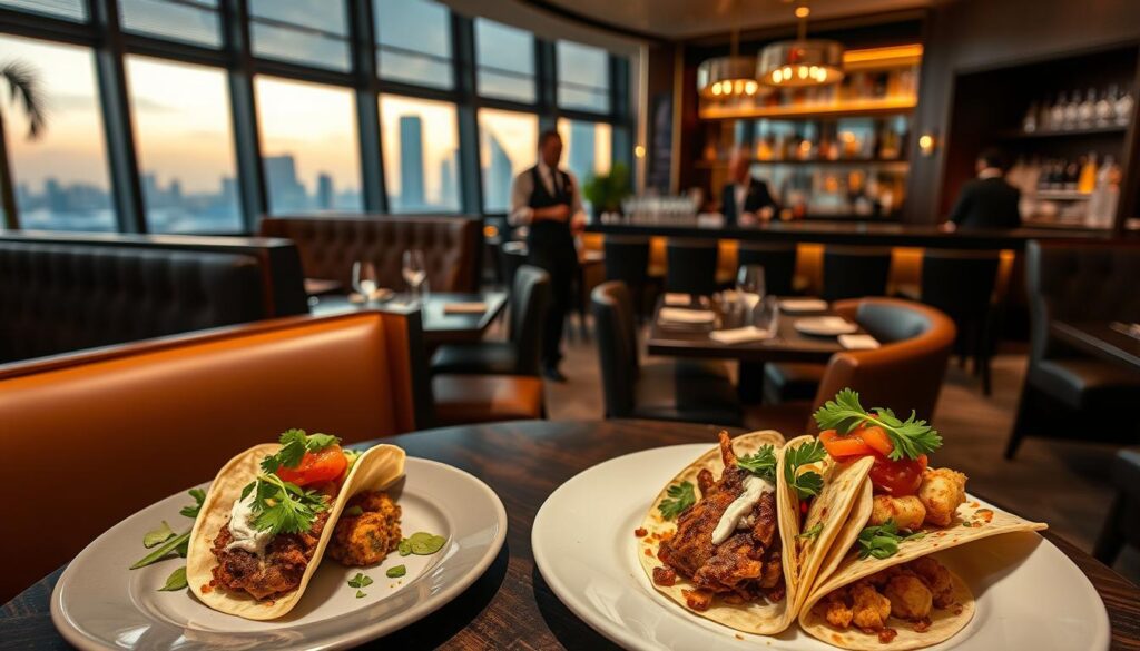 A sophisticated taco dining experience in an elegant Singapore setting. Plush leather booths, sleek wood and brass accents, and soft ambient lighting create an upscale ambiance. In the foreground, a plate of gourmet tacos with premium fillings like slow-braised short rib, grilled mahi-mahi, and roasted cauliflower, garnished with vibrant salsas and micro-greens. Servers in crisp uniforms move gracefully between tables, while large windows offer a view of the city skyline in the distance. A bar at the back of the space is stocked with premium tequilas, mezcals, and craft cocktails. The overall impression is one of refined indulgence and modern Asian-influenced luxury.