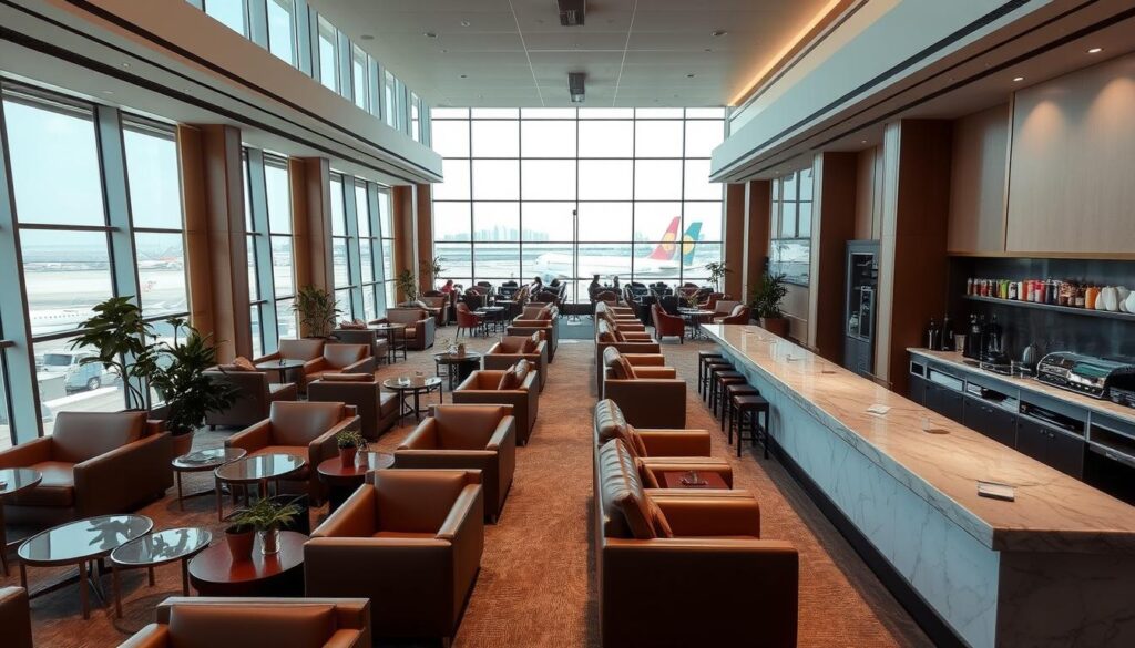A spacious and elegant first-class lounge at Singapore Airport's Terminal 2, flooded with natural light from floor-to-ceiling windows overlooking the bustling tarmac. Plush leather armchairs and sofas arranged in intimate conversation areas, accented by warm wooden furnishings and potted plants. A long, marble-topped bar serves premium beverages, while a buffet station offers a selection of gourmet international cuisine. High ceilings, a neutral color palette, and soft ambient lighting create a serene, sophisticated atmosphere for weary travelers to unwind before their flights. Well-appointed restrooms and shower suites are discreetly tucked away, ensuring maximum comfort and privacy.