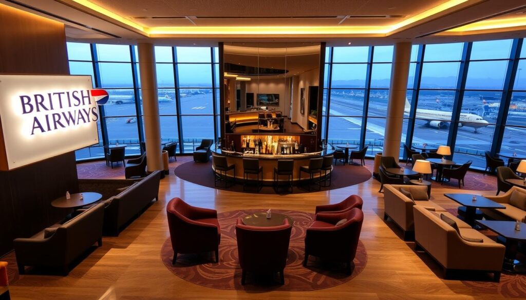 A spacious, well-appointed lounge with a sleek, modern aesthetic. The entrance features a large, backlit British Airways logo and plush seating areas with ample legroom. Warm lighting casts a cozy glow, while floor-to-ceiling windows offer panoramic views of the Singaporean cityscape and airport tarmac. In the center, a curved bar with a mirrored backdrop serves as the focal point, surrounded by comfortable armchairs and high-top tables. The overall atmosphere is one of sophisticated elegance, catering to the discerning tastes of British Airways' premium passengers.
