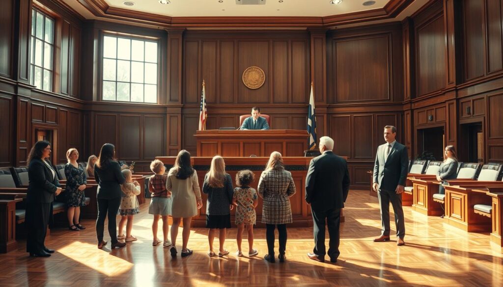 A spacious, well-lit courtroom with wood-paneled walls and polished floors. In the center, a raised dais where a stern-faced judge sits, presiding over the proceedings. In the foreground, a family gathers anxiously, their expressions a mix of tension and hope, as they await the judge's rulings on custody, property division, and other sensitive matters. Sunlight streams in through large windows, casting a warm, contemplative glow over the entire scene. Lawyers in crisp suits stand at the ready, their body language conveying a sense of professionalism and advocacy. The atmosphere is one of solemn deliberation, where the fate of families hangs in the balance, and the Family Justice Courts play a pivotal role in shaping their futures.