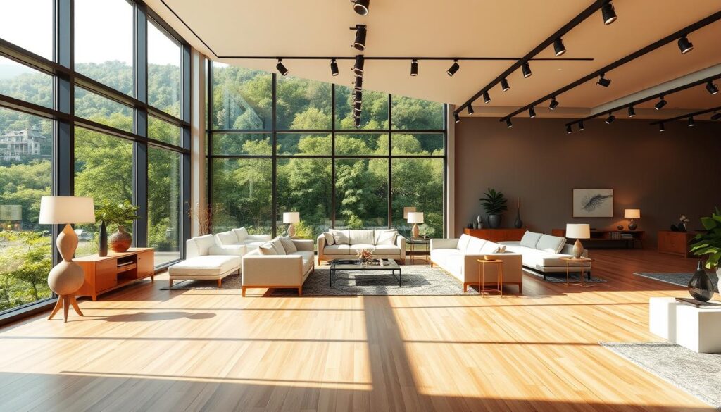 A spacious, well-lit interior design showroom with floor-to-ceiling windows offering panoramic views of a lush, verdant cityscape. Elegant, minimalist furniture pieces are artfully arranged in vignettes, showcasing the latest trends in contemporary design. Warm hardwood floors and neutral-toned walls create a serene, sophisticated ambiance, accentuated by strategically placed track lighting that casts a soft, inviting glow. The showroom exudes a sense of tranquility and refined taste, inviting visitors to envision how these design solutions could enhance their own living spaces.