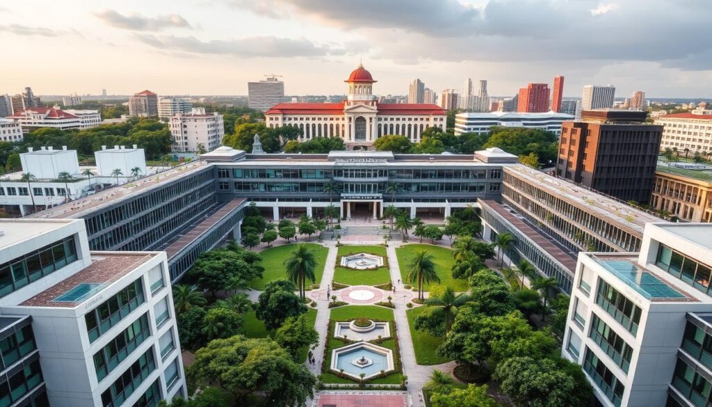 A sprawling campus of cutting-edge architectural design, Singapore Polytechnic stands tall as a beacon of academic excellence. In the foreground, modern buildings with clean lines and large windows reflect the institution's commitment to innovation. The central courtyard is a lush oasis, with verdant greenery and serene water features inviting students to pause and recharge. In the middle ground, state-of-the-art laboratories and workshops hum with the energy of discovery, while lecture halls and libraries foster a vibrant intellectual discourse. The background is framed by the iconic campus landmarks, their facades bathed in warm, golden light that evokes a sense of timeless tradition. This harmonious blend of form and function embodies the spirit of Singapore Polytechnic - a place where the future is forged through a rich legacy of excellence.