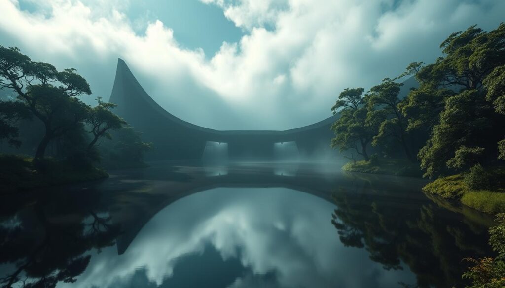 A sprawling, immersive black lake facility nestled in a lush, verdant landscape. The facility's sleek, angular architecture reflects in the still, ebony waters, creating an otherworldly, dreamlike atmosphere. Dramatic lighting casts long shadows, heightening the sense of mystery and intrigue. Fog swirls around the facility, obscuring the boundaries between reality and the experience. Towering, verdant trees line the banks, their branches reaching out like grasping tendrils. The scene evokes a sense of isolation and the unknown, inviting the viewer to step into this captivating, immersive world.