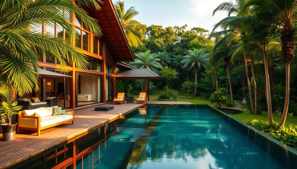 A sprawling luxury chalet nestled amidst lush, verdant greenery in the heart of Singapore's pristine nature reserve. The grand, timber-framed structure stands tall, its elegant facade bathed in warm, golden sunlight that filters through the surrounding canopy of towering palm trees. Stepping inside, the interiors exude an air of refined sophistication, with plush furnishings, high ceilings, and floor-to-ceiling windows that offer breathtaking panoramic views of the serene, shimmering lake below. A private infinity pool beckons, its tranquil waters reflecting the tranquil beauty of the untamed, untouched landscape that envelops this exclusive, secluded retreat.