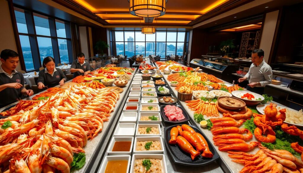 A sprawling seafood buffet at the elegant Parkroyal Collection, bathed in warm, inviting lighting. In the foreground, an abundance of fresh seafood delicacies - succulent prawns, tender lobster tails, and glistening sashimi. Servers in crisp uniforms arrange the platters with meticulous care. The middle ground features a selection of sauces, condiments, and garnishes, complementing the seafood. In the background, a lush, modern dining area with floor-to-ceiling windows offering glimpses of the vibrant Singapore cityscape. An atmosphere of refined indulgence and culinary exploration, perfect for a seafood lover's paradise.