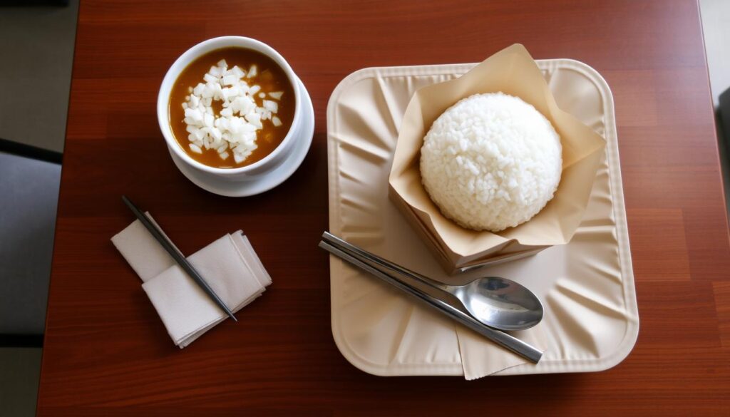 A square wooden table, softly lit from above, holds a white ceramic bowl filled with a savory soup. Beside it, a mound of steaming white rice is served on a matching plate. The meal is neatly packaged in a classic tingkat container, its layers stacked and sealed, ready for delivery. A cloth napkin, chopsticks, and a spoon complete the scene, creating a simple, elegant presentation of a traditional Singaporean comfort food dish.