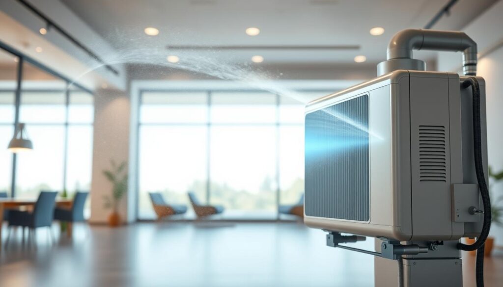 A state-of-the-art, energy-efficient cooling system prominently displayed in the foreground. The system features a sleek, modern design with clean lines and a minimalist aesthetic. Crisp, cool air emanates from the unit, highlighted by soft lighting and delicate wisps of condensation. In the middle ground, the system is installed within a well-ventilated, climate-controlled indoor space, showcasing its seamless integration. The background is a serene, modern interior with neutral tones and natural materials, emphasizing the system's harmonious, eco-friendly presence. The overall mood is one of efficiency, sophistication, and environmental consciousness.