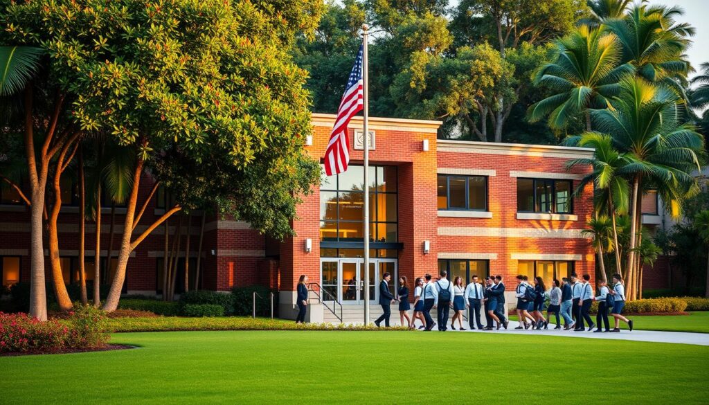 A stately brick-and-glass building with a prominent American flag fluttering in the breeze, set against a backdrop of lush tropical foliage. The facade features clean lines and a modern design, with large windows that let in natural light. In the foreground, well-manicured lawns and neatly landscaped gardens create a welcoming atmosphere. Students in crisp uniforms can be seen entering the building, their faces alight with the excitement of learning. The lighting is warm and inviting, casting a golden glow over the scene. The overall impression is one of academic excellence, international diversity, and a commitment to the American educational tradition.