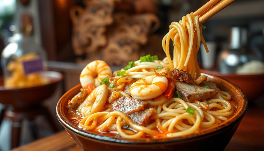 A steaming bowl of Hokkien mee noodles, glistening with a flavorful sauce and garnished with succulent shrimp, tender pork, and crunchy bean sprouts. The noodles are expertly stir-fried, creating a harmonious blend of textures and aromas. The scene is illuminated by warm, golden lighting, casting a cozy and inviting atmosphere. The noodles are arranged in an artful, appetizing display, showcasing their vibrant colors and enticing the viewer to take a delectable bite. The background features a blurred, authentic Singaporean setting, hinting at the local culture and traditions that have shaped this beloved dish.