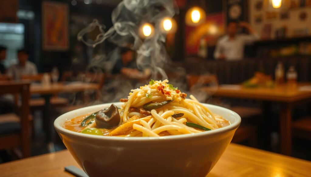 A steaming bowl of Hup Hup Mee Siam, the iconic Singaporean hawker dish, set against a dimly lit, cozy atmosphere of a beloved local eatery. The gravy glistens, its complex flavors of sweet, sour, and spicy melding together in perfect harmony. Noodles, beansprouts, and a scattering of fresh herbs and crunchy fried shallots come together in a visually appealing arrangement. The scene is captured with a shallow depth of field, highlighting the dish in sharp focus while the background fades into a soft, blurred ambiance. Warm, golden lighting casts a comforting glow, inviting the viewer to imagine the satisfying taste and aroma of this beloved Singaporean comfort food.