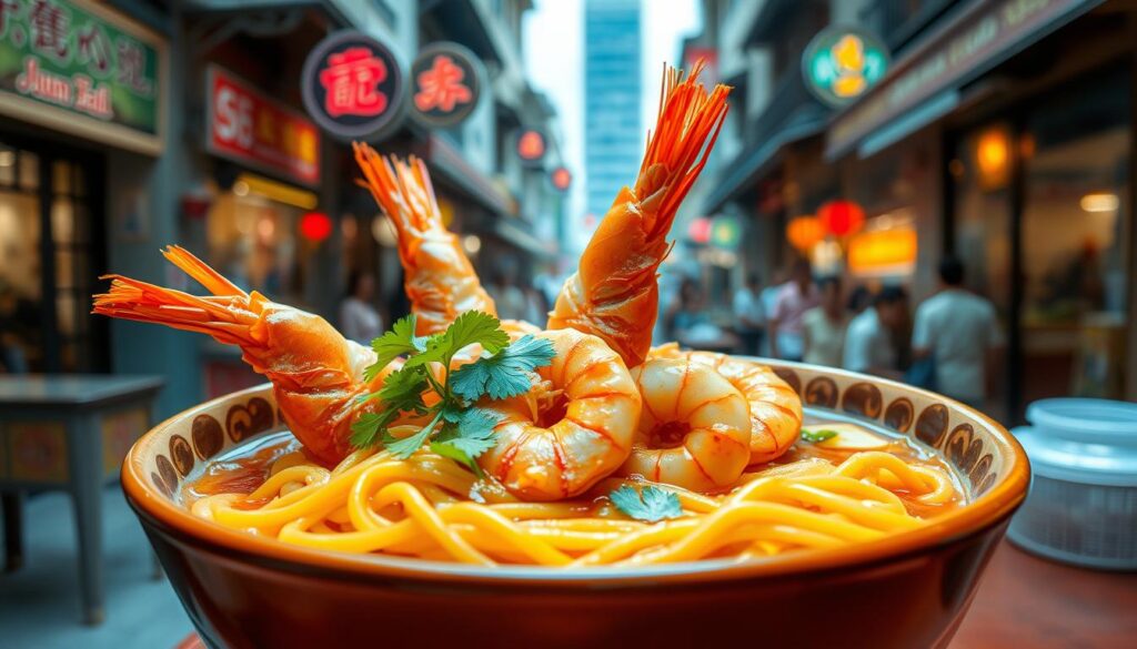 A steaming bowl of Jalan Sultan prawn noodles takes center stage, the shiny, succulent prawns glistening under soft, warm lighting. The springy yellow noodles are expertly coiled, complemented by a rich, aromatic broth and garnished with crunchy beansprouts, fragrant fried shallots, and a scattering of fresh coriander leaves. The background features the bustling streets of Singapore's Chinatown, with quaint shophouses and vibrant signage hinting at the local flavor. The composition emphasizes the noodle dish's alluring qualities, capturing the essence of this beloved Singaporean street food delicacy.