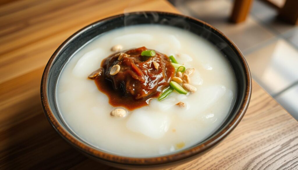 A steaming bowl of Teochew porridge, its milky-white broth gently simmering, adorned with a generous dollop of fermented soy paste. The porridge's velvety texture is accentuated by the savory umami notes of the paste, creating a harmonious blend of flavors. Sliced ginger, crunchy peanuts, and fragrant spring onions add depth and contrast, inviting the diner to savor each bite. The scene is illuminated by soft, natural lighting, casting a warm, inviting glow on the traditional ceramic bowl and chopsticks. A subtle backdrop of a simple, minimalist Teochew-style restaurant setting, with wooden tables and a tiled floor, completes the authentic, time-honored ambiance.