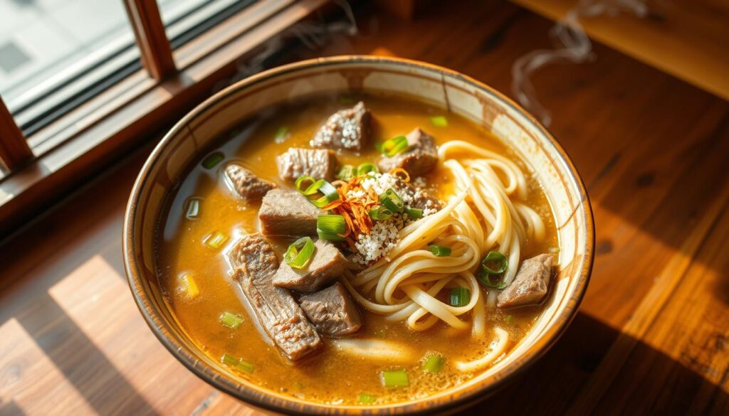 A steaming bowl of Teochew-style beef noodle soup, the broth a rich, golden hue infused with the aroma of star anise and cinnamon. Tender slices of beef, cooked to perfection, nestle among springy noodles and crunchy bean sprouts. Garnished with vibrant green scallions, crisp fried shallots, and a sprinkling of white pepper, this comforting dish is presented on a wooden table, illuminated by warm, natural light streaming through a window. The image captures the authentic flavors and textures of this beloved Singaporean specialty.