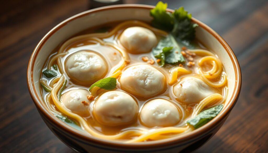 A steaming bowl of Teochew-style fish ball noodles takes center stage, the broth glistening under soft, natural lighting. Delicate handmade fish balls float amidst springy yellow noodles, complemented by fresh greens and a scattering of fried shallots. The composition evokes the comforting flavors and textures of this quintessential Singaporean hawker fare. The image is captured from a low angle, emphasizing the dish's heartwarming and inviting presence. An aroma of savory umami and subtle spices wafts through the air, enticing the viewer to imagine the satisfying taste and slurp-worthy experience.