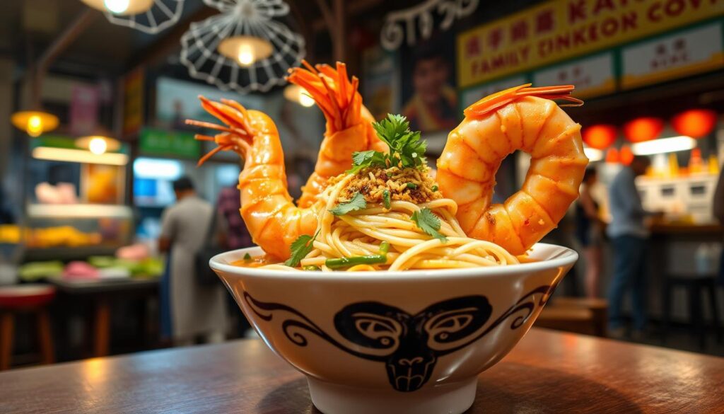 A steaming bowl of Zion Road's signature big prawn noodles takes center stage, illuminated by warm, soft lighting that accentuates the vibrant colors and textures. The plump, juicy prawns stand out against the backdrop of al dente egg noodles and a rich, flavorful broth. Garnishes such as crisp bean sprouts, fresh cilantro, and a sprinkle of fried shallots add depth and contrast. The scene is set against a backdrop of a cozy, family-owned hawker stall, with a glimpse of the bustling Zion Road market in the distance, conveying the authentic Singaporean street food experience.