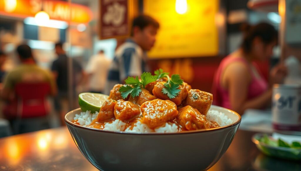 A steaming bowl of curry chicken, its rich, aromatic sauce glistening under the warm, soft lighting of a cozy Singaporean hawker stall. The tender, succulent chicken pieces are nestled atop a bed of fluffy, fragrant white rice, garnished with a sprinkling of coriander and a slice of lime. The scene is captured with a shallow depth of field, drawing the viewer's attention to the vibrant, flavorful dish at the center of the frame. The surrounding environment is slightly blurred, but hints at the bustling energy of the hawker center, with the faint outline of other patrons and the clatter of utensils in the background. The overall mood is one of comfort, authenticity, and Michelin-worthy culinary excellence.