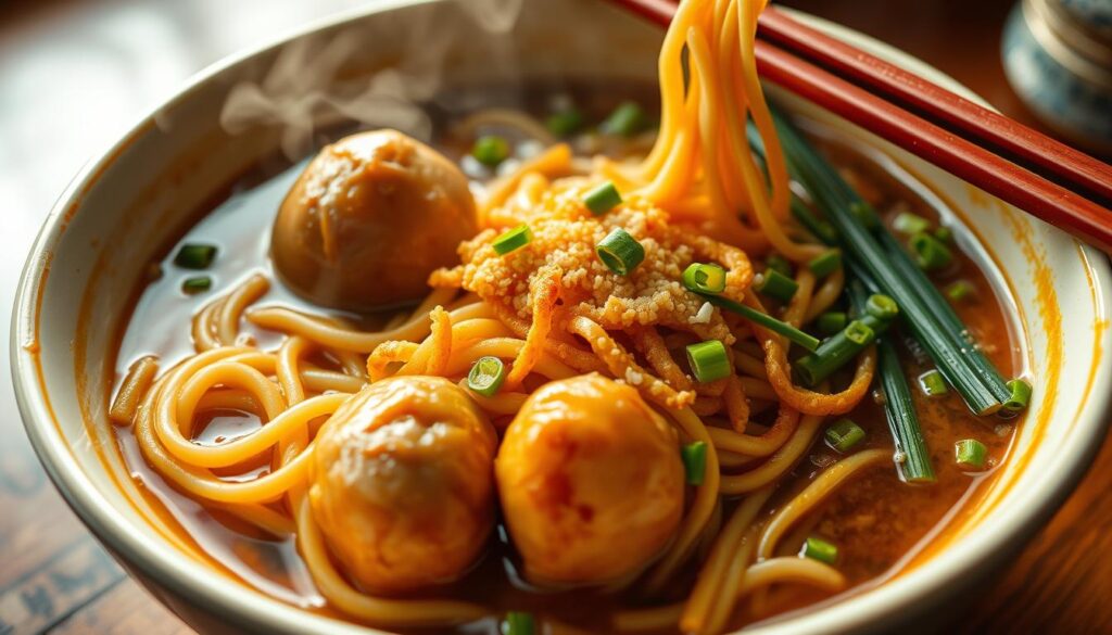 A steaming bowl of fresh Feng Zhen lor mee, its noodles draped in a savory, slightly viscous gravy. Plump, juicy pork balls nestle among the noodles, their surfaces glistening. Crisp, golden-fried shallots add a delightful crunch. Vibrant green chives and a sprinkle of white pepper lend aromatic complexity. The scene is bathed in warm, diffused lighting, creating a cozy, inviting atmosphere. The image is captured at a low angle, emphasizing the depth and richness of the dish. This quintessential Singaporean hawker fare is a mouthwatering centerpiece, beckoning the viewer to savor its flavors.