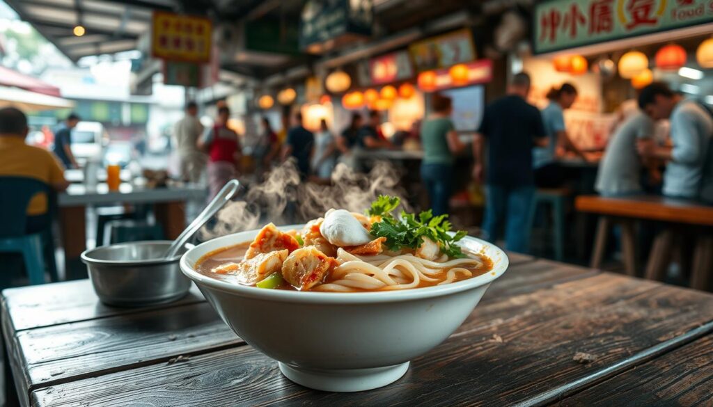 A steaming bowl of fresh, aromatic noodles rests on a worn wooden table, surrounded by the bustling atmosphere of Tiong Bahru Food Centre. The noodles, cooked to perfection, are enveloped in a rich, savory broth, garnished with crisp, fragrant vegetables and tender slices of protein. Sunlight filters through the open-air hawker center, casting a warm, inviting glow over the scene. The sound of sizzling woks and the chatter of local patrons create a lively, authentic atmosphere, transporting the viewer to the heart of Singapore's beloved breakfast culture.