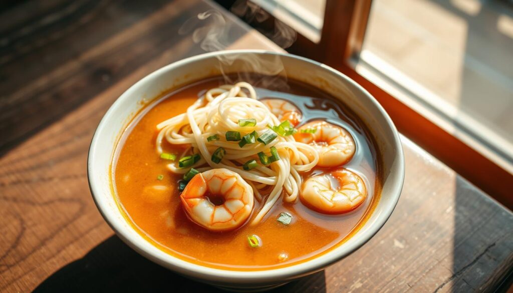 A steaming bowl of halal prawn noodles, the broth a rich, amber hue, topped with succulent, pink shrimp, crisp bean sprouts, and a sprinkle of freshly chopped scallions. The noodles, springy and cooked to perfection, curl invitingly amidst the aromatic broth. Sunlight streams in through a nearby window, casting a warm, golden glow over the scene. The table surface is a weathered, wooden finish, adding a rustic touch to the composition. The overall mood is one of comfort, authenticity, and the flavors of a beloved local delicacy.