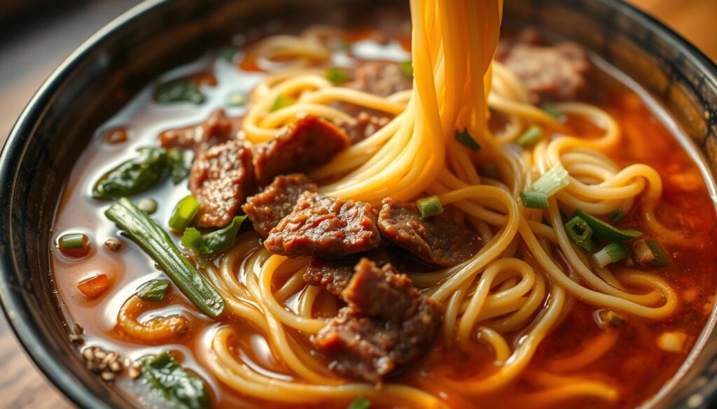 A steaming bowl of handmade noodles, the rich broth glistening with tender slices of marinated beef. The noodles are perfectly al dente, twisting and twirling in the savory liquid. Aromatic herbs and crisp bean sprouts add vibrant pops of color and texture. Slivers of scallion and a sprinkle of toasted sesame seeds complete the dish, elevating it to a culinary masterpiece. The lighting is warm and inviting, casting a golden glow over the scene. Captured at a 35mm focal length, the image frames the noodles in a tight, intimate composition, drawing the viewer's gaze directly to the star of the dish.