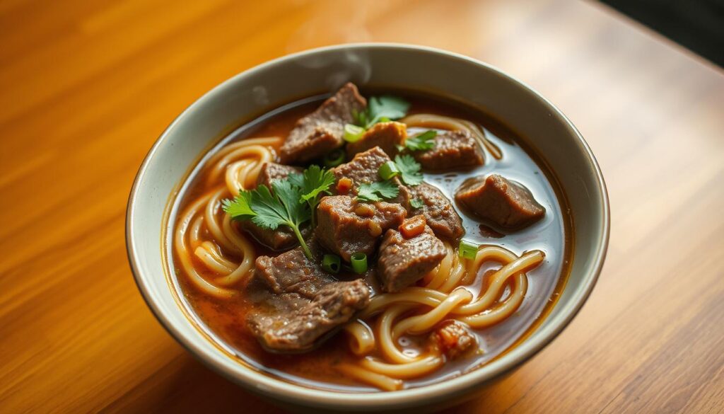 A steaming bowl of yi zun halal beef noodles, the rich broth glistening with aromatic spices. Tender slices of beef nestled among the springy handmade noodles, garnished with fresh cilantro and scallions. The warm lighting casts a cozy glow, highlighting the depth of the dish. Shot from a slightly elevated angle, the bowl is placed on a simple wooden table, surrounded by a minimalist, uncluttered background that allows the noodles to take center stage. The overall scene evokes the comforting and authentic flavors of a beloved Singaporean delicacy.