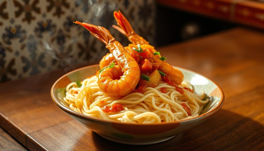 A steaming plate of bee hoon (rice vermicelli) nestled on a wooden table, topped with succulent Robert Mee Siam prawns glistening with a vibrant, tangy sauce. The scene is bathed in warm, diffused lighting, casting a cozy, inviting atmosphere. In the background, a traditional Peranakan-style tile pattern adds a touch of cultural authenticity. The image captures the essence of Whampoa's beloved Nyonya dish, ready to be savored by the discerning palate of a true Singaporean foodie.