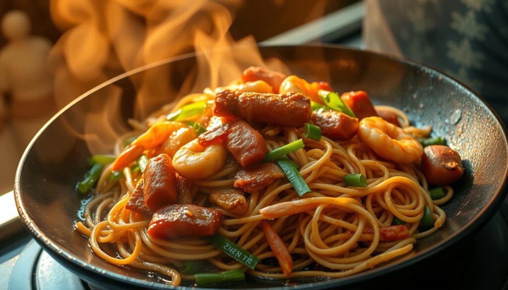 A steaming plate of char kway teow noodles, freshly wok-fried to perfection. The flat rice noodles glisten with a rich, dark soy sauce, accented by the vibrant colors of bean sprouts, Chinese chives, and juicy prawns. Thin slices of Chinese sausage and crunchy pork belly add texture and savory depth. Beams of warm, golden light illuminate the dish, casting a tantalizing glow and highlighting the intricate interplay of flavors and textures. The noodles are slightly charred at the edges, providing a delightful smoky aroma. The overall scene evokes the bustling energy and tantalizing aromas of a Singaporean hawker stall, inviting the viewer to savor this iconic local delicacy.
