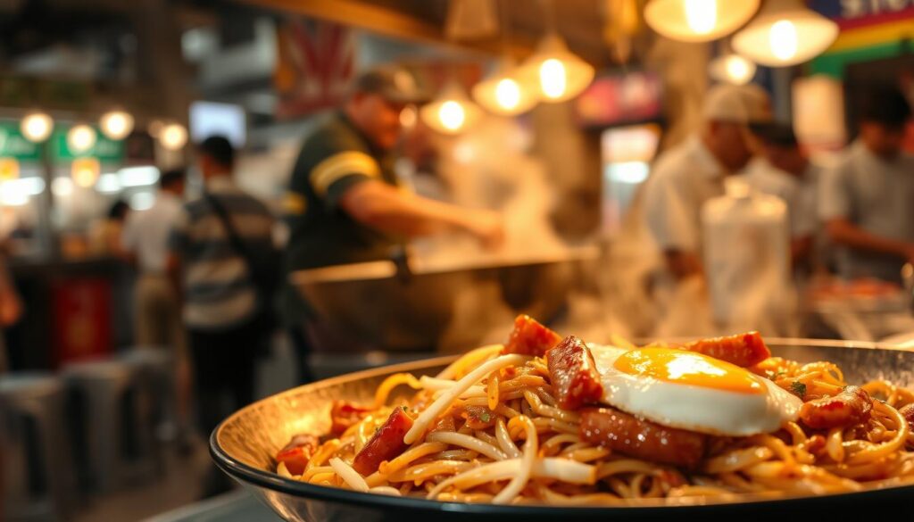 A steaming plate of char kway teow, the quintessential Singaporean comfort food, takes center stage under warm, golden lighting. In the foreground, expertly stir-fried rice noodles mingle with succulent strips of Chinese sausage, crisp bean sprouts, and a perfectly runny egg. The aroma of soy sauce, garlic, and wok hei fills the air, inviting the viewer to indulge in this beloved street food. In the middle ground, the hands of a skilled hawker deftly toss the ingredients, creating the perfect balance of flavors and textures. The background features the bustling atmosphere of a lively Singaporean hawker center, with the sounds of sizzling woks and chatter from hungry patrons adding to the immersive experience.