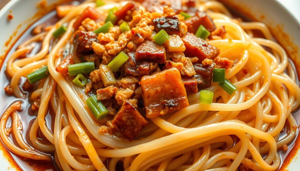 A steaming plate of freshly prepared hor fun noodles, glistening with a light soy sauce glaze and sprinkled with crisp, golden-brown bits of wok-fried pork. The noodles are perfectly cooked, with a delicate texture that gives way to a satisfying chew. The pungent aroma of garlic, ginger, and charred scallions wafts up, hinting at the depth of flavor. Soft, silky strands of hor fun are nestled alongside crunchy bean sprouts and juicy slices of Chinese sausage, all illuminated by warm, natural lighting that casts a golden glow. The overall composition creates a mouthwatering and visually captivating scene, showcasing the essence of what makes great hor fun.