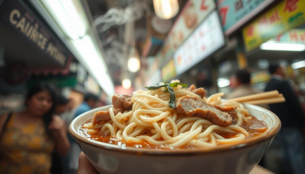 A steaming plate of hor fun noodles in a bustling hawker center, the soft rice noodles swimming in a savory broth, topped with tender slices of pork and crunchy bean sprouts. The scene is bathed in the warm glow of fluorescent lights, creating a cozy, homey atmosphere. The camera angles low, capturing the dish from the perspective of a hungry diner, ready to dig in and savor every bite of this budget-friendly, yet delectable street food classic. The image conveys the comforting and satisfying experience of enjoying a hearty, affordable meal in the vibrant heart of Singapore's vibrant food culture.