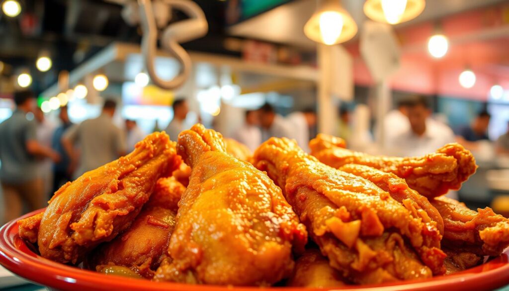 A steaming plate of perfectly fried chicken wings, fresh from the bustling hawker center. The skin is crispy and golden, glistening under the warm overhead lighting. The juicy meat falls effortlessly from the bone, infused with a blend of aromatic spices. In the background, the bustling atmosphere of the hawker center is captured, with the sizzle of woks and the chatter of hungry patrons. The scene is shot from a low angle, emphasizing the enticing, mouth-watering nature of the dish. The lighting is soft and natural, creating a inviting, homely ambiance that captures the essence of Singaporean hawker culture.