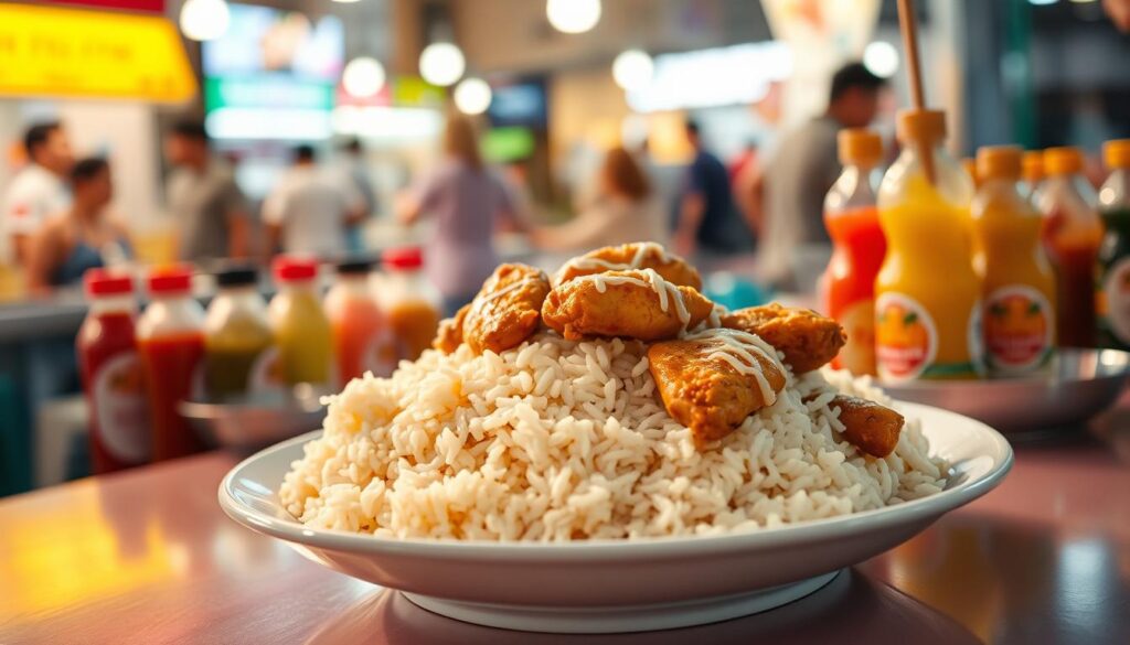 A steaming plate of savory chicken rice sits on a table, surrounded by the bustling atmosphere of a lively Singaporean hawker center. The fragrant rice is beautifully cooked, glistening with a light sheen, and the tender, juicy chicken is perfectly seasoned. In the background, a colorful array of condiments and sauces adorn the table, ready to enhance the dish. Soft, natural lighting casts a warm glow over the scene, capturing the comfort and familiarity of this quintessential Singaporean supper staple. The composition is crisp and clean, drawing the viewer's attention to the delectable focal point of the image.