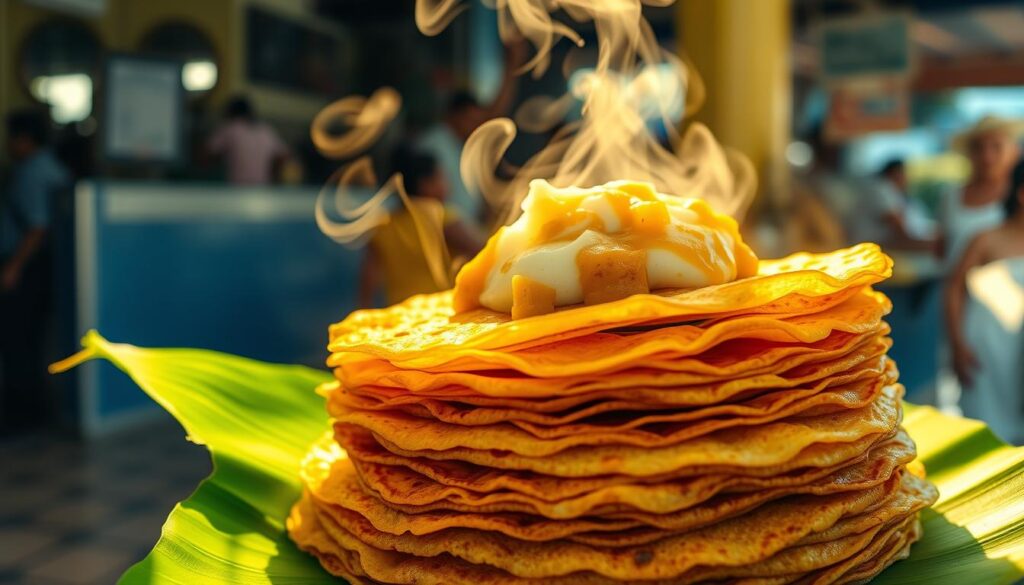 A steaming stack of golden brown masala thosai, freshly prepared and served on a vibrant green banana leaf. The crisp, lacy edges of the thosai contrast with the soft, pillowy center, topped with a generous dollop of aromatic coconut chutney. Wisps of fragrant steam rise from the dish, hinting at the complex flavors within. Warm sunlight filters through the open-air hawker stall, casting a cozy glow over the scene. Subtle textures of the banana leaf, faint patterns of the tiled floor, and the casual bustle of the bustling hawker center create an immersive, authentic atmosphere. This is the essence of a quintessential Singaporean hawker-style masala thosai, a true delight for the senses.