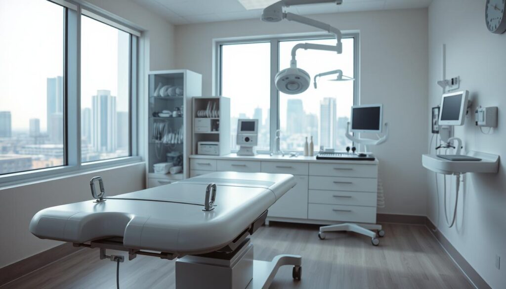 A sterile, well-lit medical examination room with modern gynecological equipment and instruments. In the foreground, a sleek, high-tech examination table with adjustable stirrups. In the middle ground, a cabinet displaying an array of specialized medical tools and devices. The background features a large window overlooking a cityscape, providing a calming, professional atmosphere. Soft, natural lighting illuminates the scene, conveying a sense of care, expertise, and advanced medical capabilities. The overall mood is one of clinical precision, technological innovation, and a dedication to women's health and wellbeing.