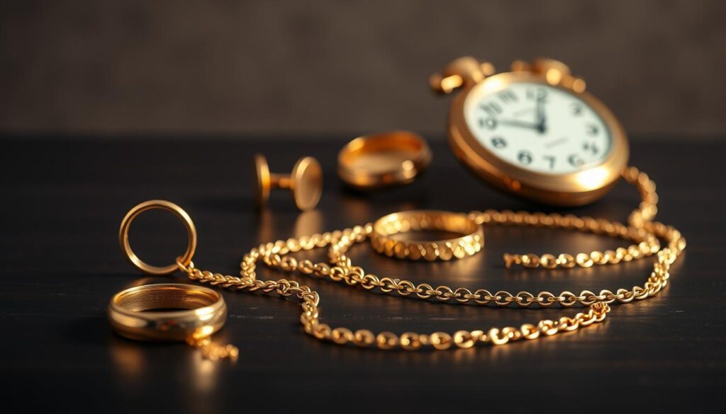 A still life scene of elegant gold jewelry arranged on a dark wooden surface, with soft, warm lighting highlighting the intricate details and lustrous shine. In the foreground, a gold ring, necklace, and bracelet are delicately positioned, their surfaces meticulously polished. In the middle ground, a gold pocket watch and pair of cufflinks rest nearby, casting subtle reflections. The background features a neutral, blurred backdrop, allowing the jewelry to take center stage. The overall composition conveys a sense of luxury, sophistication, and the importance of proper care and maintenance to preserve the beauty of fine gold accessories.