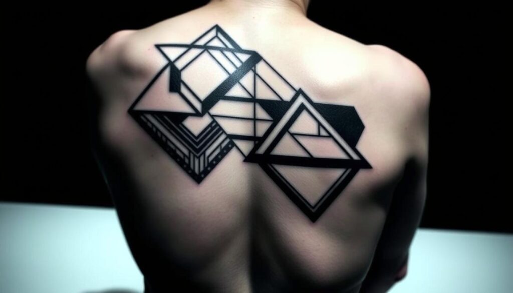 A striking geometric tattoo design featuring bold, angular patterns and shapes. The tattoo is depicted in a high-contrast, minimalist style, with clean lines and a monochromatic palette, perhaps in black ink against pale skin. The design fills a good portion of the frame, allowing the viewer to appreciate the intricate details and precise execution. The lighting is dramatic, creating strong shadows and highlights that accentuate the geometric forms. The overall mood is one of modern sophistication and artistic flair, reflecting the aesthetic of the Tooth & Nail Tattoo studio.