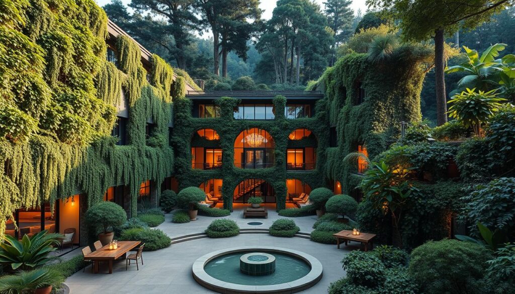 A stunning eco-friendly hotel nestled amidst lush vertical gardens, its facade adorned with cascading greenery that blends seamlessly with the surrounding landscape. In the foreground, a tranquil courtyard features a serene water feature, inviting guests to pause and soak in the calming atmosphere. The middle ground showcases the hotel's modern architectural design, with large windows that maximize natural light and offer panoramic views of the verdant gardens. In the background, towering trees and lush foliage create a natural backdrop, evoking a sense of harmony between the built environment and the natural world. Soft, diffused lighting casts a warm, inviting glow, enhancing the eco-friendly ambiance. The entire scene emanates a feeling of sustainability, serenity, and a deep connection to the earth.